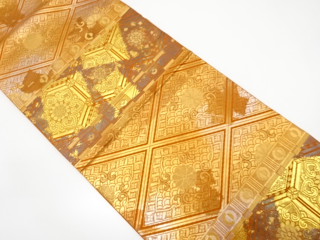 引箔　横段に華紋・花菱模様織り出し袋帯